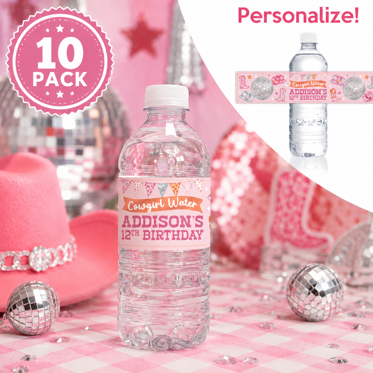 Cowgirl Disco PERSONALIZED VINYL Bottle Labels - 10 PK